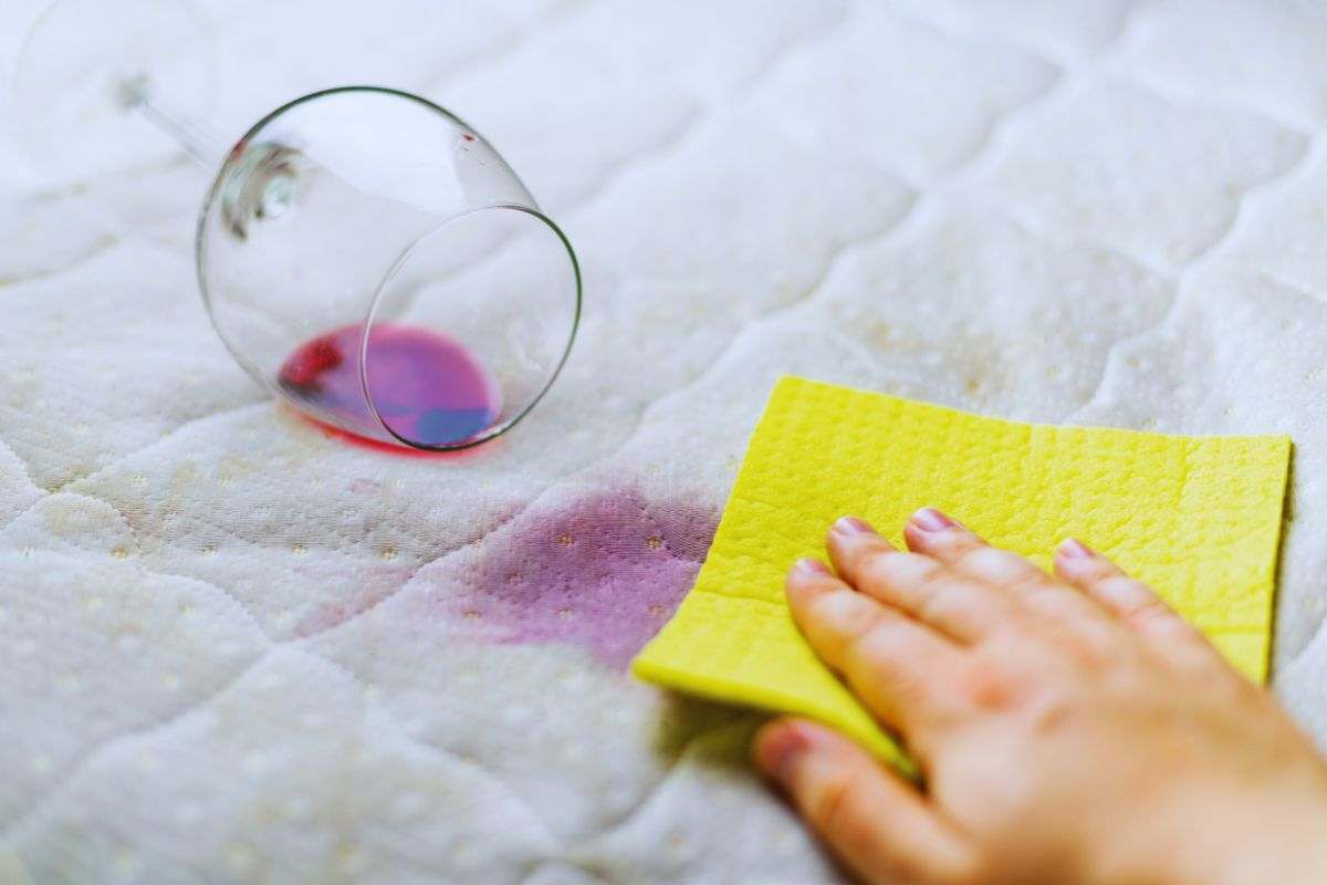 vino sul divano e mano che pulisce